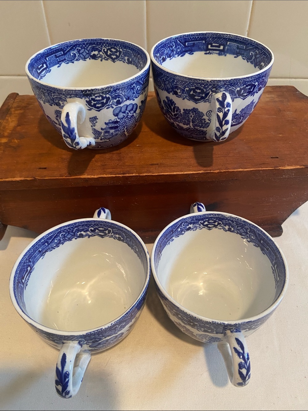 🩷Antique Blue Willow SoupCup Double Handles Ingraved For W.Ridgway &Co- Set of 4 - Picture 2 of 8